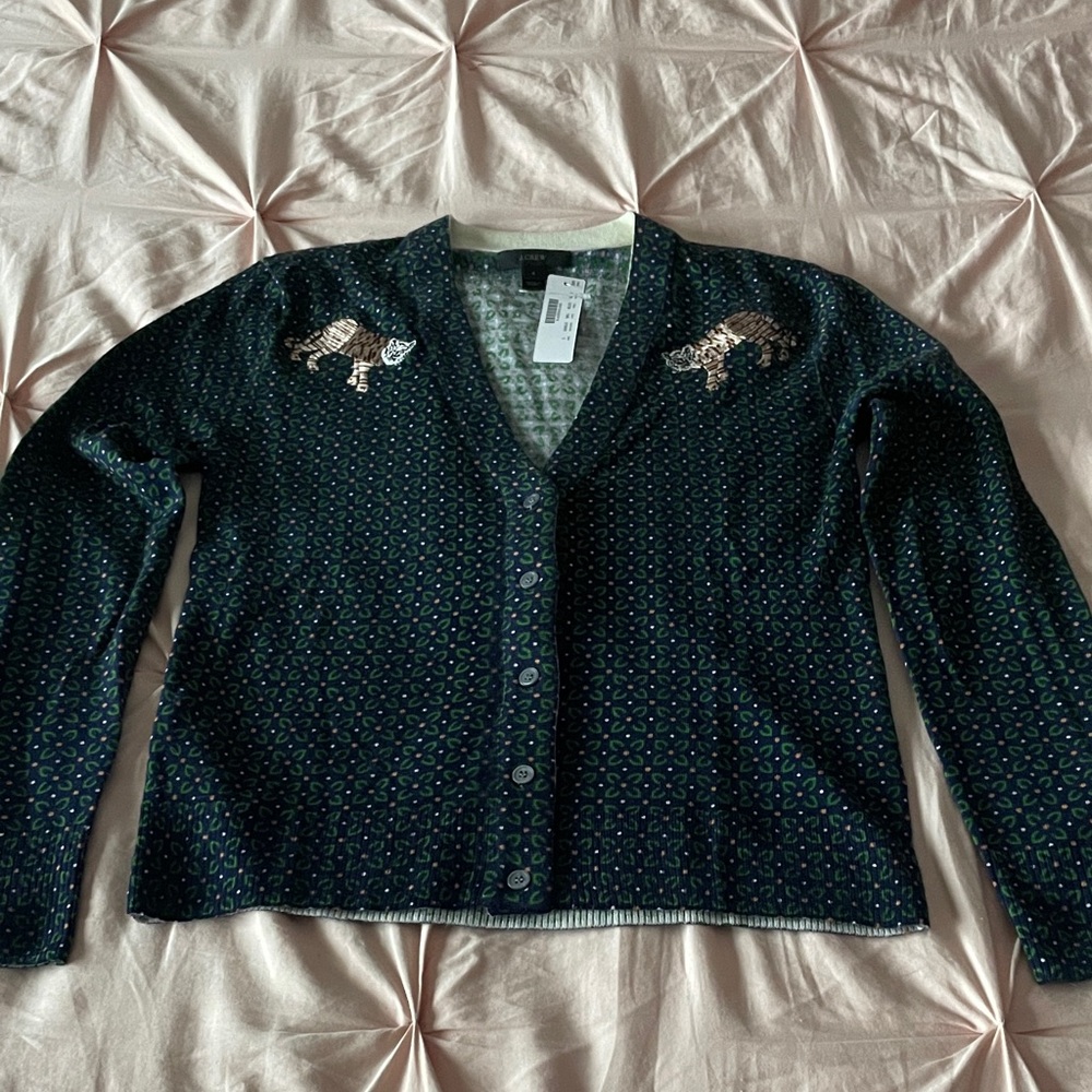 J Crew Merino Cardigan with Tiger Embroidery size Small